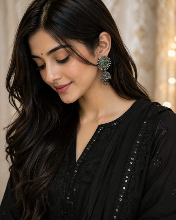 WhatsApp Image 2026-08-20 at 22.16.34 Peacock Feather Oxidised Silver Jhumka