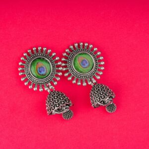 Peacock Feather Oxidised Silver JHumka Earrings