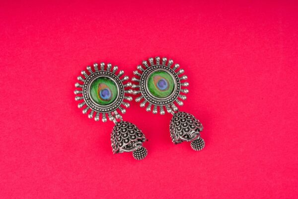 WhatsApp Image 2026-08-20 at 22.29.20 Peacock Feather Oxidised Silver JHumka Earrings
