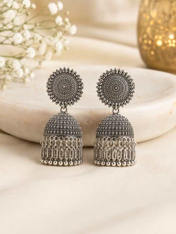 Silver Oxidised Circular/Chakra Statement Jhumkas