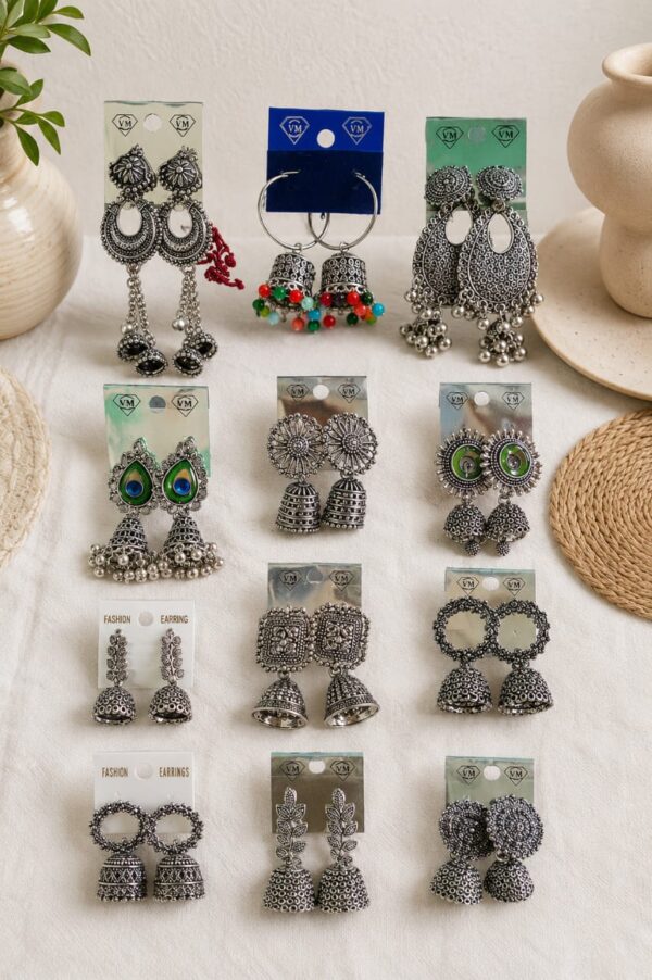 Jhools Premium Oxidised Silver Earrings Collection – Set of 12 Pairs
